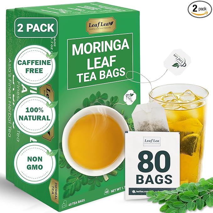 LeafLea 80 Moringa Tea Bags, Premium Moringa Leaf Herbal Tea for Digestive Support and Daily Wellness, Made from Natural Leaves, Caffeine-Free, Non-GMO, Sugar-Free