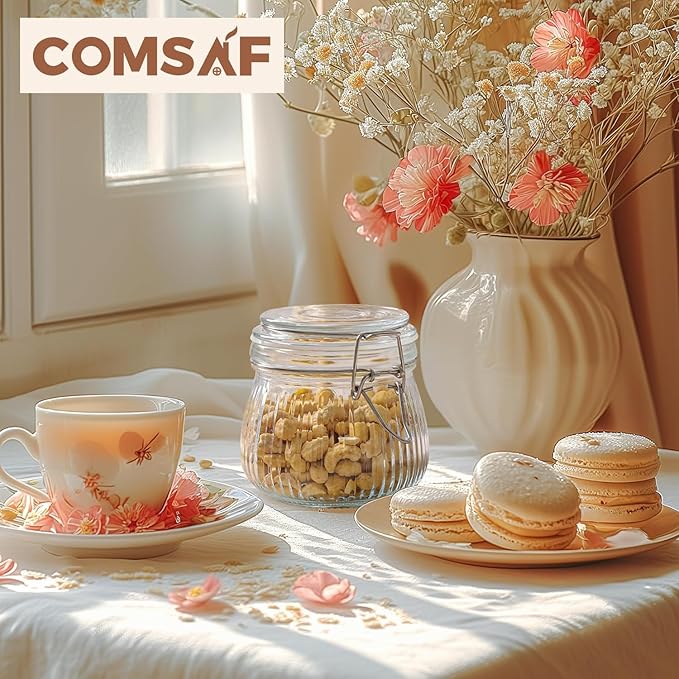 ComSaf Airtight Glass jar with lid 17oz, Glass Storage Containers with Lids, Small Canister, Mason Jars, Minimalist Jar for Kitchen Canning, Overnight Oats, Pickle, Spice, Set of 6