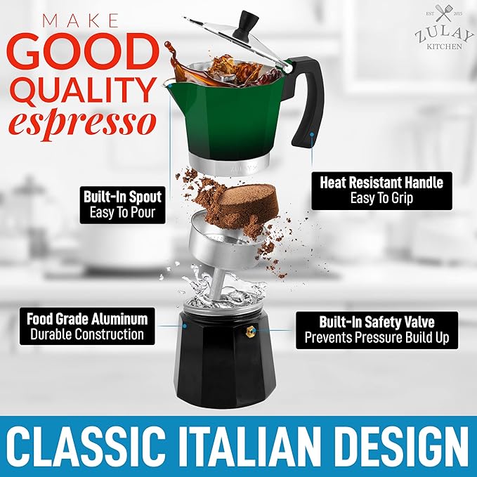 Zulay Kitchen Stovetop Espresso Maker - Moka Pot 6 Espresso Cups - Percolator Coffee Maker for Classic Cuban & Italian Style Espresso - Portable Coffee Maker for Camping & Travel - (Green/Black)