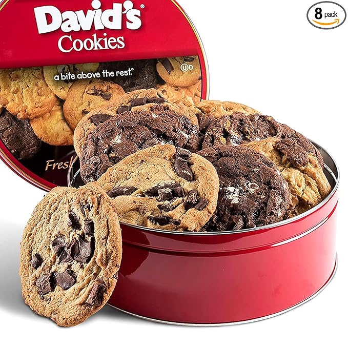 David's Cookies Assorted Fresh Baked Decadent Cookie Gift Tin – 2lb Basket with 8 Jumbo Cookies – Soft and Chewy Bakery-Style Dessert for Birthdays, Holidays, Thank You and Special Occasions