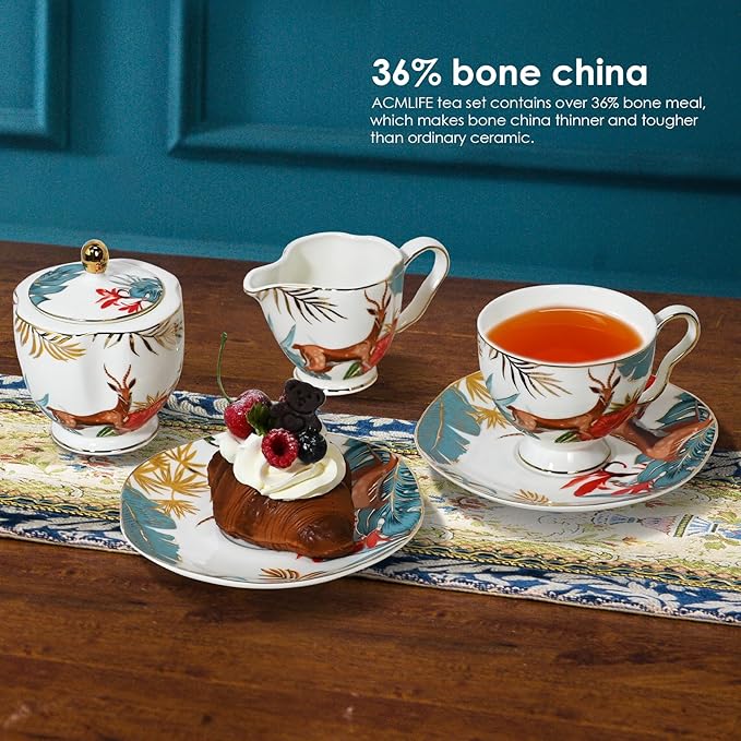ACMLIFE Tea Cups and Saucers for 1, Bone China Teacup Set for Adults with Gold Trim and Gift Box, Deer Chinese English British Wedding Tea Set for One Coffee Cup Set 6.8 oz (Red-Deer)