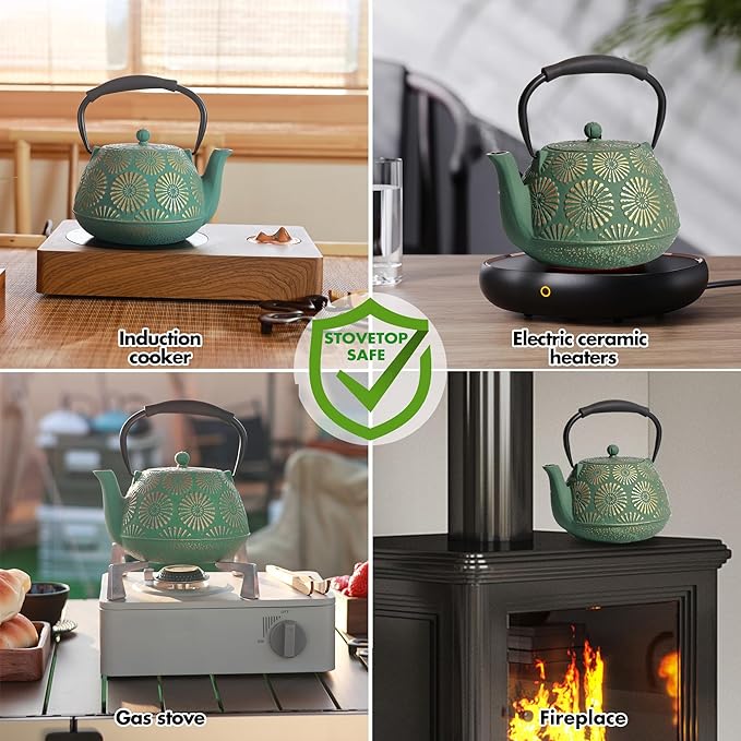 Cast Iron Teapot, 40oz Tea Kettle with Infuser for Stove Top, Sakura Design Japanese Tea Pot for Tea&Coffee Coated with Enameled Interior, Silicone Handle 1200ml Green