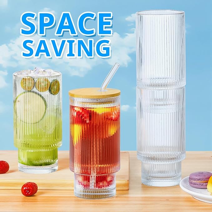 Glass Cups with Lids and Straws - 16 oz Iced Coffee Cups, Vintage Ribbed Drinking Glasses with Bamboo Lids, Tumbler for Juice, Beer, Coffee, Milk, Cocktail, Water (4 Pack)