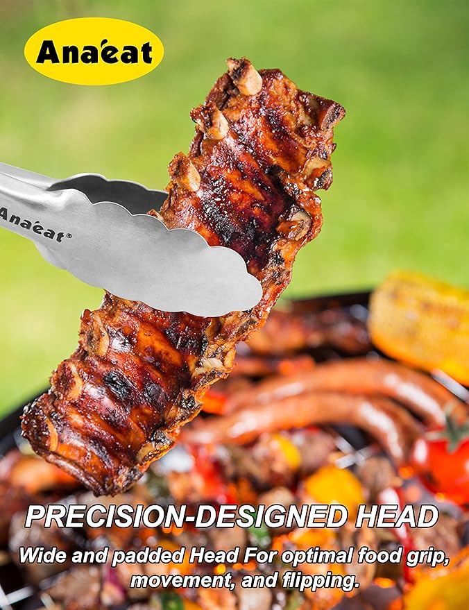 Anaeat 7" Mini Cooking Tong Stainless Steel - Sturdy Coiled Spring Locking Kitchen Food Tong with Non-Slip Silicone Grip for Serving, Cooking, Baking - Heat Resistant up to 480°F (Black)