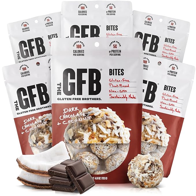 The GFB Dark Chocolate Coconut Protein Bites - Gluten Free, Plant Based, Non GMO, Sustainably Made – Ridiculously Tasty, Healthy, Vegan, Protein Energy Balls, 4 oz (6 Count)