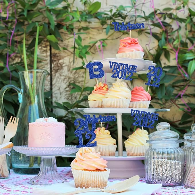 Gyufise 24Pcs 13th Birthday Cupcake Toppers Glitter Thirteen Vintage 2012 Official Teenager 13 Cupcake Picks Birthday Cake Decorations for Happy 13th Anniversary Party Supplies Deep Blue