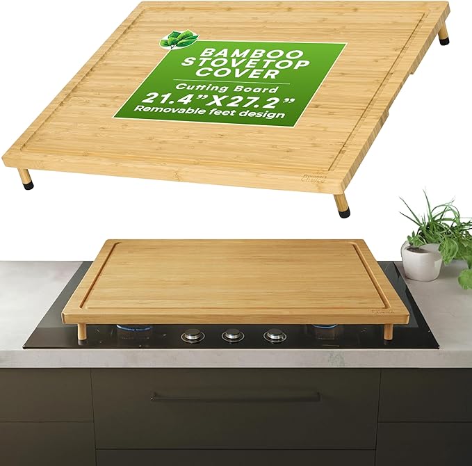 Prosumer's Choice Bamboo Stove Top Cover Board - Versatile Wooden Cutting Board for Kitchen with Adjustable Legs and Juice Grooves- Large Surface and Durable for Stoves, 27.2 x 21.4 x 3.1 Inches