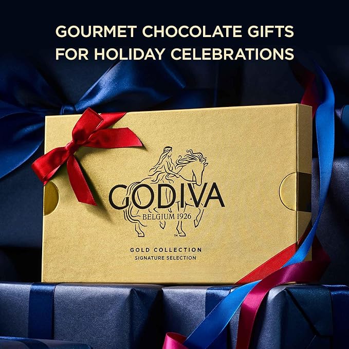 Godiva Red Bow Gold Assorted Chocolate Gift Box, Belgian Dark and Milk Chocolates with Pralinés, Ganaches & Caramels, Gourmet Holiday Gift, Non-GMO & Kosher, 30 Pc