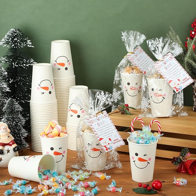 200 Sets Christmas Snowman Soup Kits for Classroom Coworker Gift 12 Oz Winter Snowman Paper Cups for Hot Cocoa Chocolate Marshmallow Soup Tags Clear Xmas Bags (Elegant)
