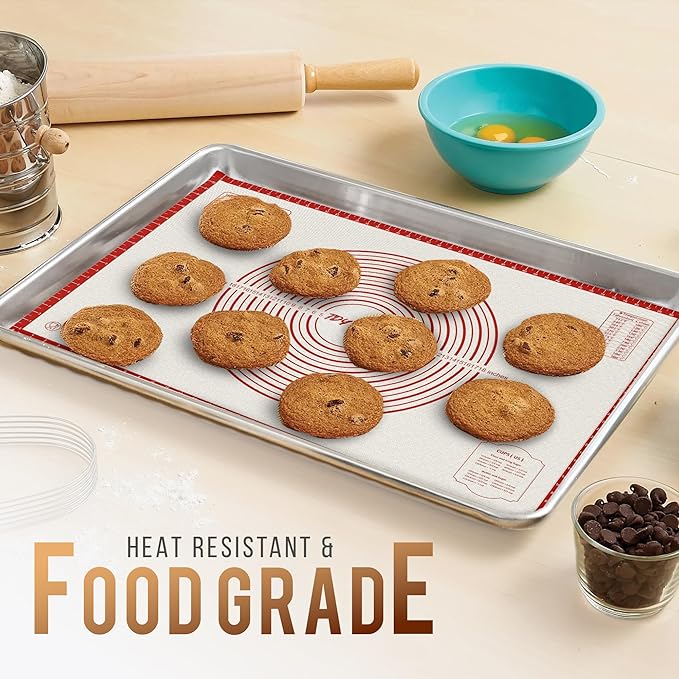 26 * 16 inches Red, Non-Slip Silicone Baking Sheets - Baking Mat with 0.7mm Thickness - Non-Stick Pastry & Cookie Mat for Kitchen Counter for Rolling Out Dough with Measurements.