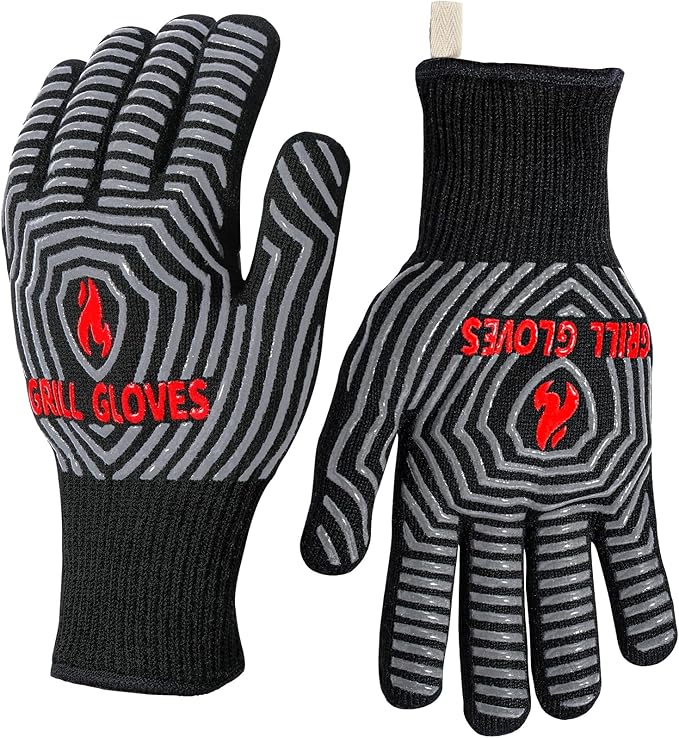 QUWIN BBQ Gloves, Oven Gloves, Grilling Gloves Silicone Non-Slip Oven Mitts, Kitchen Gloves for BBQ, Grilling, Cooking, Baking-1 Pair… (Black, One Size Fits Most)