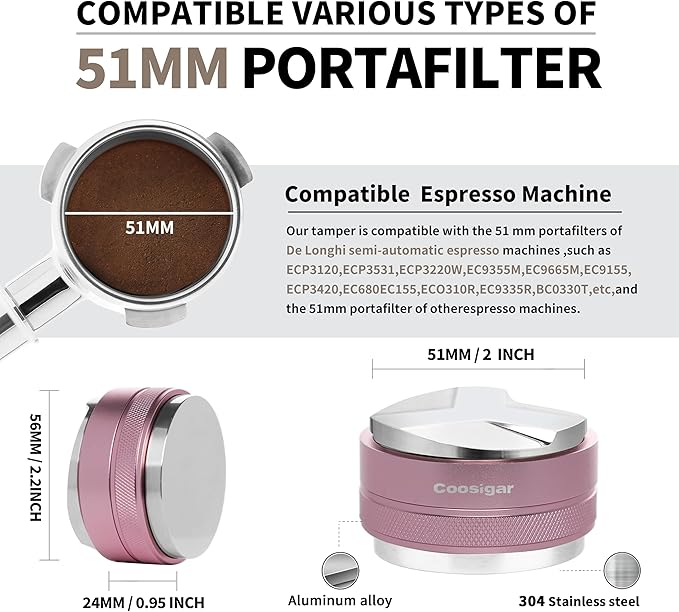 51mm Coffee Distributor and Tamper,Dual Head Coffee Leveler Fits for Delonghi 51mm Portafilter,Professional Espresso Hand Tamper.(Light pink)