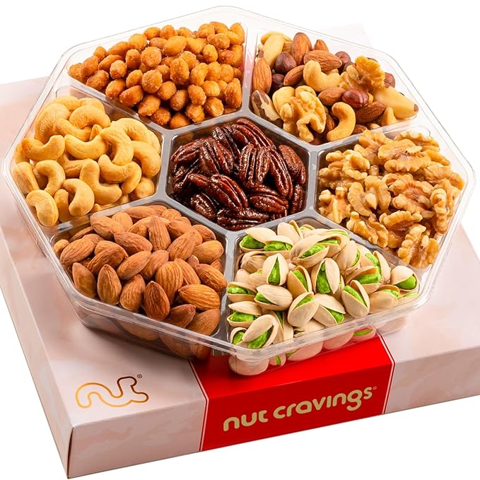 NUT CRAVINGS - Thanksgiving Mixed Nuts Gift Basket in Red Gold Box (7 Assortments, 1 LB) Holiday Xmas Christmas Food Arrangement, Healthy Snack Care Package, Food Assortments