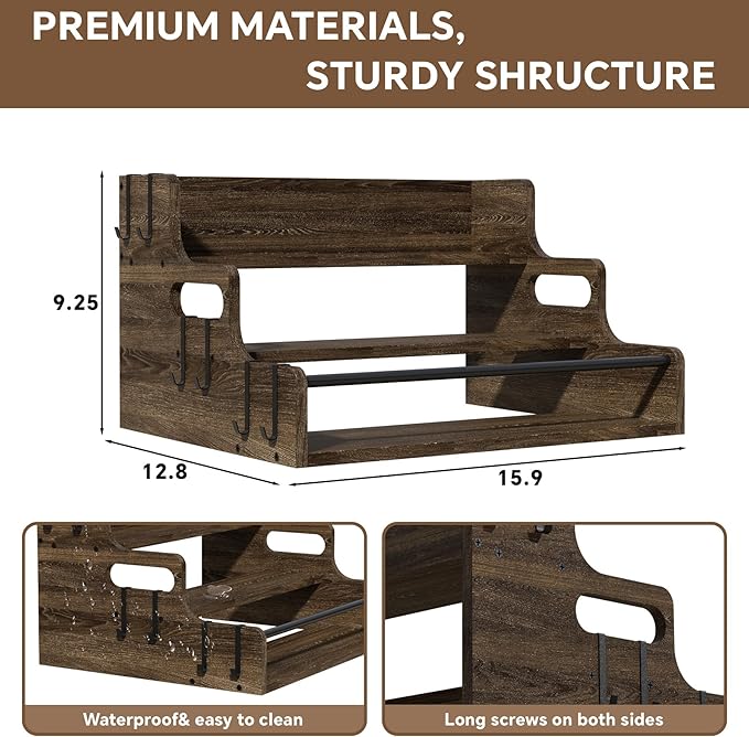 3-Tier Liquor Bottle Display Shelf, Bar Stand for Whiskey, Spirits, Coffee Syrup Rack Organizer, Countertop Wine Rack for Home, Mini Coffee Bar, Small Liquor Cabinet and Kitchen Dark Brown