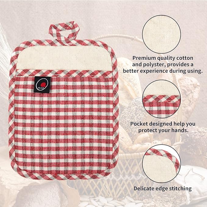 Oven Mitts and PotHolders Sets, 4 Pcs Kitchen Oven Glove High Heat Resistant 400°F Pot Holders for Kitchen, Non-Slip Neoprene Oven Mitts are Suitable for Cooking, Baking (Red Grid)