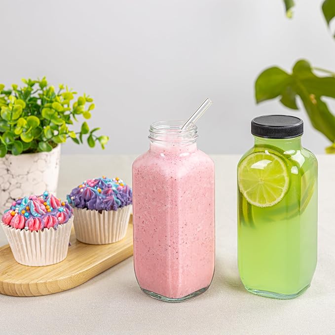 Juice Bottles with Lids, 16 Oz - Set of 8 - Clear Glass Jars with Caps - Reusable Empty Drink Containers for Juicing, Smoothies, Water, Milk, Kombucha Storage, Wellness Shots and More (8)