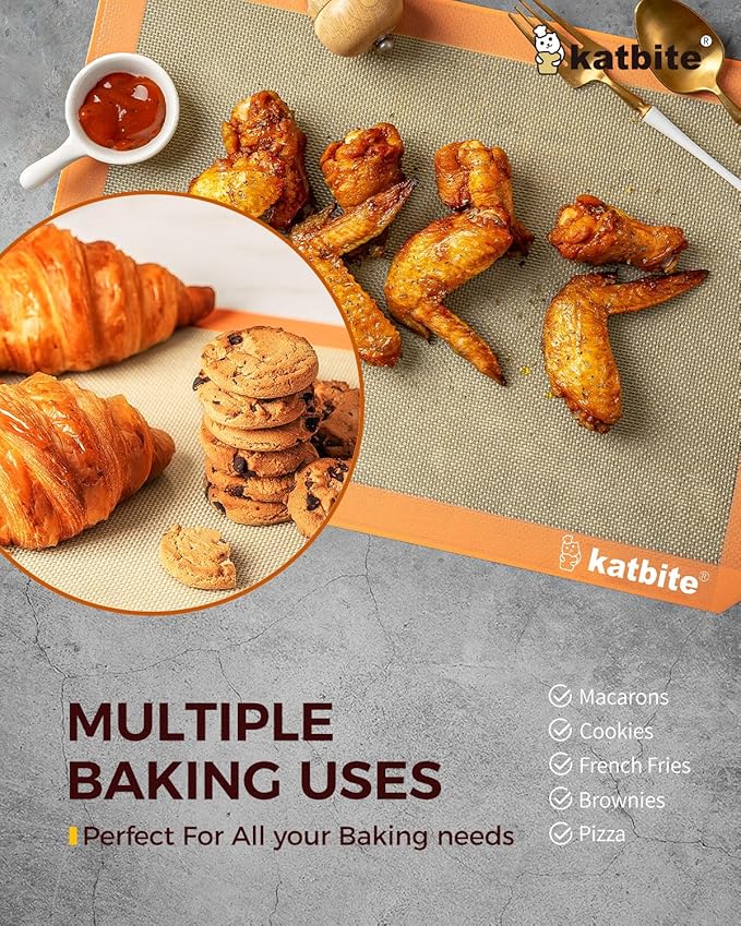 Katbite Silicone Baking Mat Colorful Collection - Set of 3: 2 Half Sheets Mats (11 5/8" x 16 1/2") + 1 Quarter Baking Sheet, Reusable & Nonstick Bakeware Mats for Cookies, Macarons, Bread (Orange)