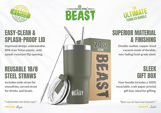 Beast 20 oz Tumbler Stainless Steel Vacuum Insulated Coffee Ice Cup Double Wall Travel Flask (Army Green)