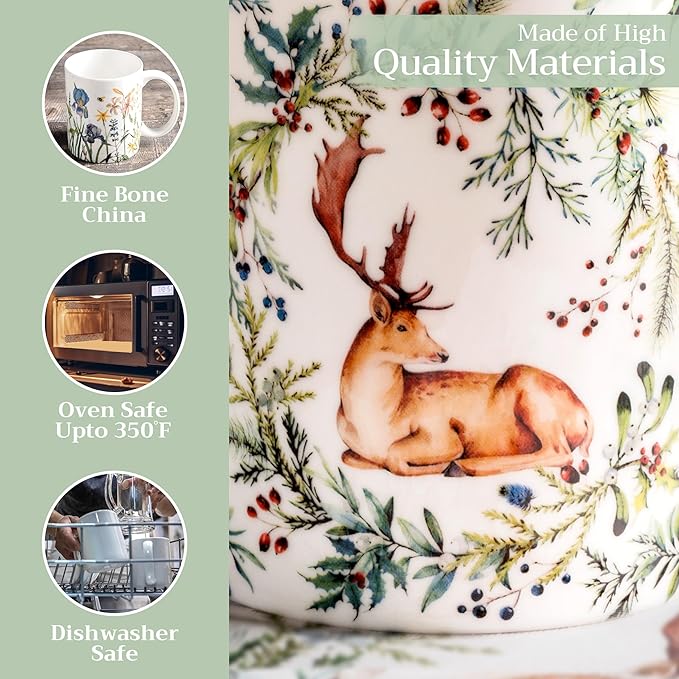 Maison d' Hermine Coffee Mug with Handles Fine Bone China Mugs Pack of Two Tea Cups for Hot Beverages Cappuccino Latte Home Restaurant Office Perfect for Gift (Holly Time, 15 Ounce)