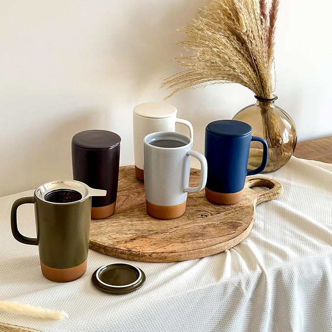 Mora Ceramics Large Tea Mug with Loose Leaf Infuser and Ceramic Lid, 18 oz, Portable, Microwave and Dishwasher Safe, Tall Coffee Cup - Rustic Matte Ceramic Glaze, Modern Herbal Tea Strainer, Olive