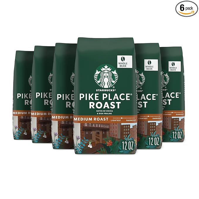 Starbucks Whole Bean Coffee, Medium Roast Coffee, Pike Place Roast, 100% Arabica, 6 bags (12 oz each)