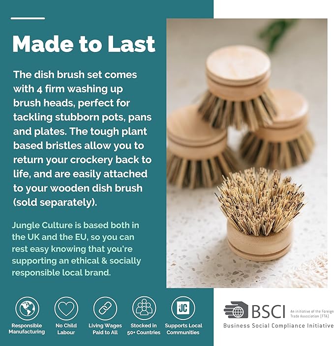 Jungle Culture Firm Bristle Replacement Brush Heads for Eco Dish Brushes • Wooden Kitchen Washing Up Brush Heads Pack of 4 • Interchangeable Bristle Refills • Dish Scrubbers • Zero Waste Cleaning