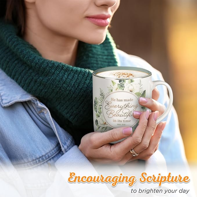 Christian Art Gifts Large Ceramic Inspirational Coffee & Tea Scripture Mug for Women: Everything Beautiful Encouraging Bible Verse, Sturdy, Novelty Non-Toxic Beverage Cup, White & Green Floral, 14 oz.