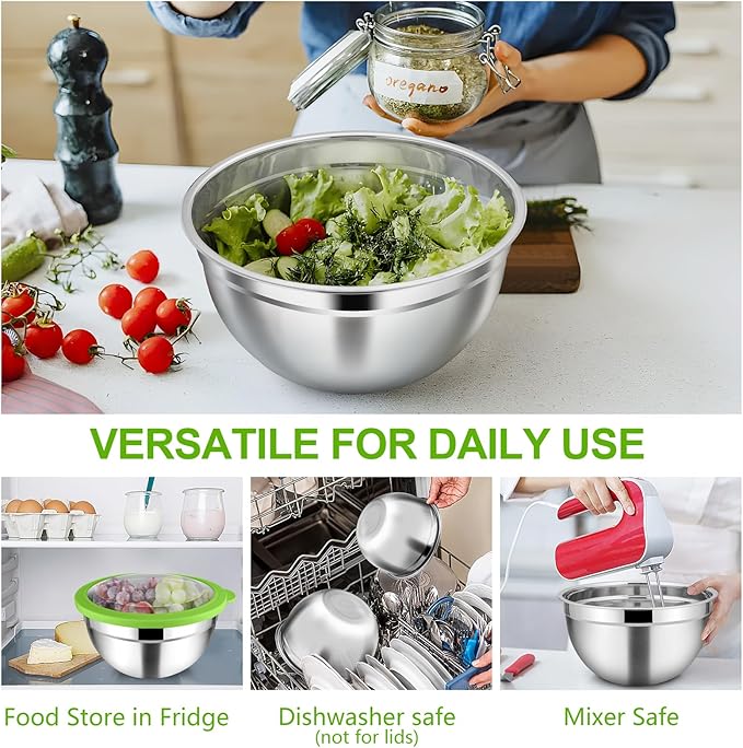 TeamFar Mixing Bowls, 4.5/3/1.5 QT Stainless Steel Nesting Salad Bowls with Airtight Lids, For Serving/Mixing/Storing/Prepping, Non-Toxic & Sturdy, Visible & Easy Clean, Multi-Color, Set of 3