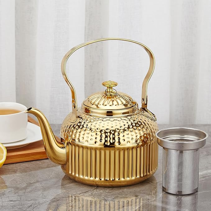 SANQIAHOME Antique 1.5L (50Oz) Stainless Steel Teapot with Infuser Gold