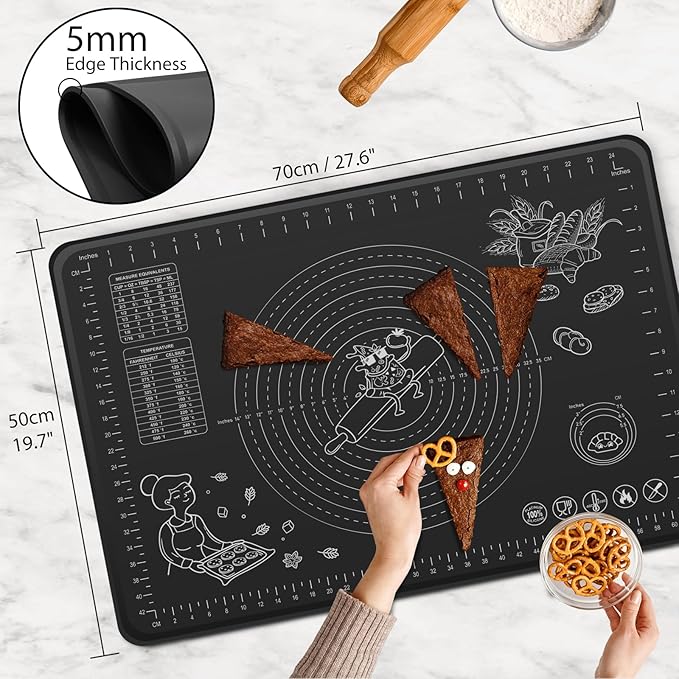 Silicone Baking Mat 28" x 20" Extra Thickness Dough Rolling Mat with Measurements and Edge Heightening, Non-stick Food Grade Silicone Pastry Mat for Pastry, Bread, Cookies, Pizza, Fondant, Pasta-Black