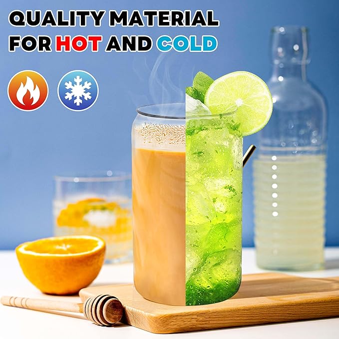 Joyclub Glass Cups with Bamboo Lids and Straws 4 Set 16 oz Reusable Iced Coffee Cup Beer Can Drinking Jars for Smoothie Whiskey Boba Soda Tea Gift