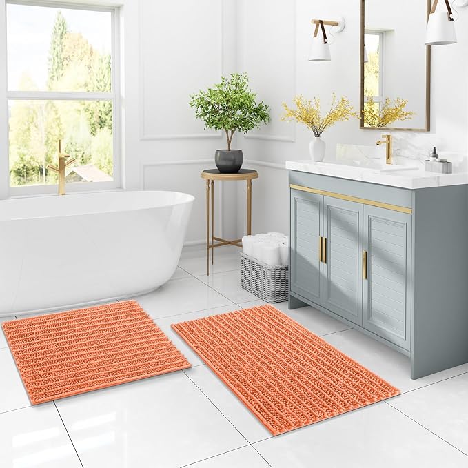 Arotive Luxury Chenille Bathroom Rug Mat, Extra Soft Thick Absorbent Shaggy Bath Rugs, Non-Slip Machine Wash Dry, Plush Bath Mats for Bathroom, Shower and Tub, 30x17, Coral