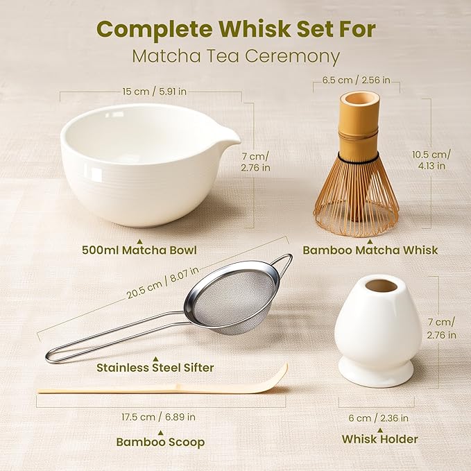 Matcha Whisk Set, Handcrafted Bamboo Chasen & Ceramic Bowl Matcha Kit, Complete 5 Pcs Matcha Set Whisk and Bowl W/Stainless Steel Sifter, Bamboo Scoop & Holder for Matcha Tea Ceremony (White)