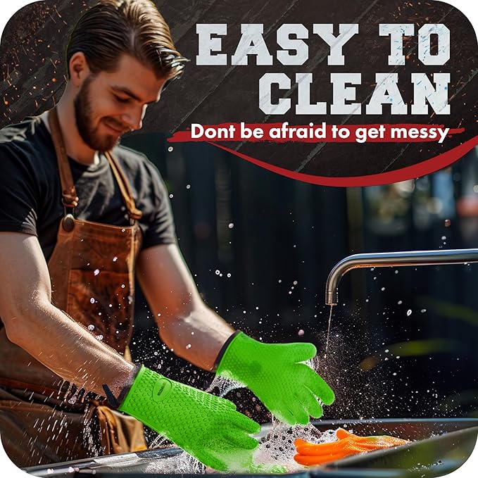 KITCHEN PERFECTION XL Silicone Smoker Oven Gloves-Extreme Heat Resistant BBQ Gloves-Handle Hot Food Right on Your Grill Fryer&Pit|Waterproof Grilling Cooking Baking Mitts|Superior Value Set+3 Bonuses