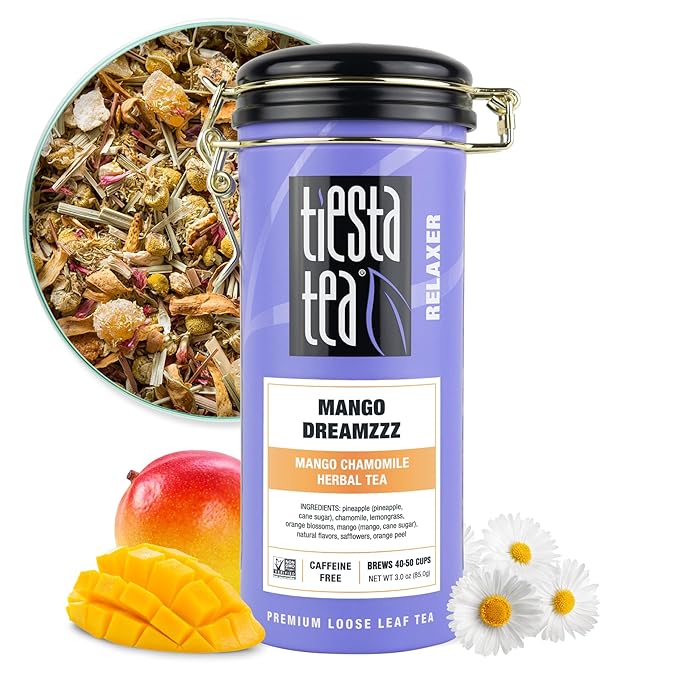 Tiesta Tea - Mango Dreamzzz Chamomile Loose Leaf Herbal Tea, Relaxing Chamomile & Lemongrass Blend, Caffeine-Free, Brew Hot or Iced, Refillable Tin, Makes Up to 50 Cups, 3 Ounce