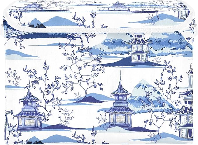 susiyo Ink Chinoiserie Pagodas Storage Bin Large Collapsible Storage Box Stackable design Fabric Storage Bins with Lids Decorative Multi-Color Foldable Organizing Baskets For Closet