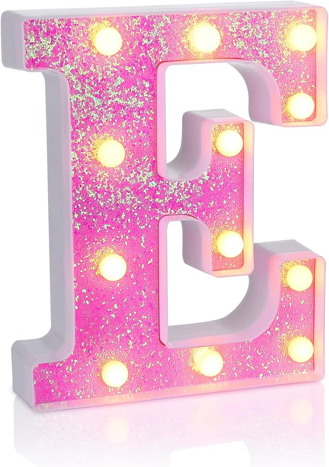 Foaky Pink Light up Letters，Pink Party Decorations,Girls Room Decor,Glitter Light Up Letters,Alphabet Letter Sign for Night Light Birthday Party Girls Gifts, Home Bar Decoration（E）