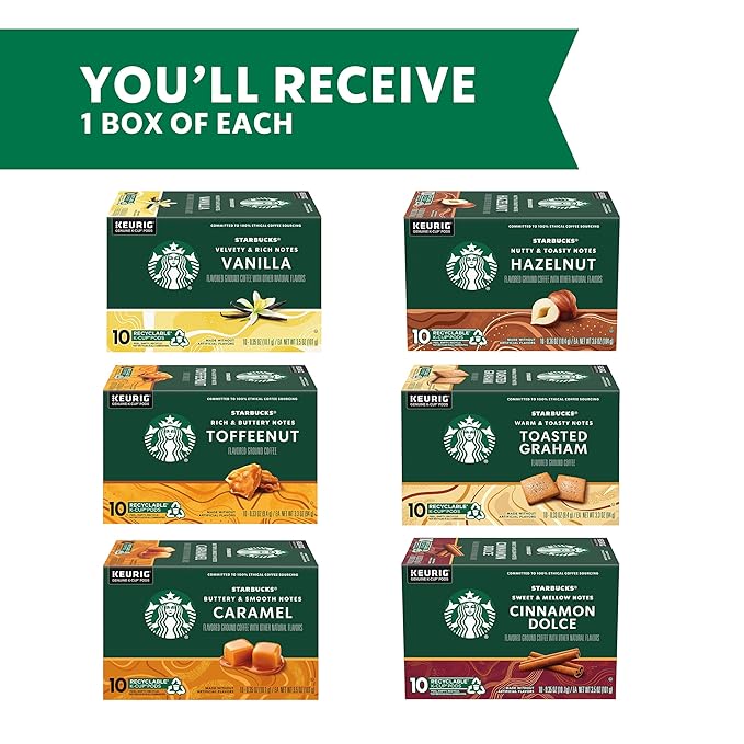 Starbucks K-Cup Coffee Pods—Flavored Coffee—Variety Pack for Keurig Brewers—Naturally Flavored—100% Arabica—6 boxes (60 pods total)