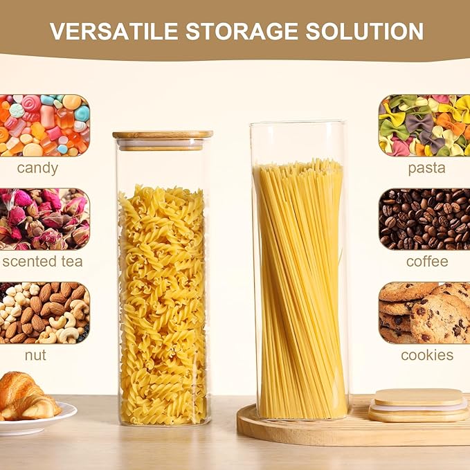 Glass Food Storage Jars with Lids(76oz)Square Set of 3 ,Glass Storage Containers Clear Glass Food Canister with Bamboo Lid Airtight For Serving Tea, Coffee Beans, Flour,Cookie, Cereal,Spice and More