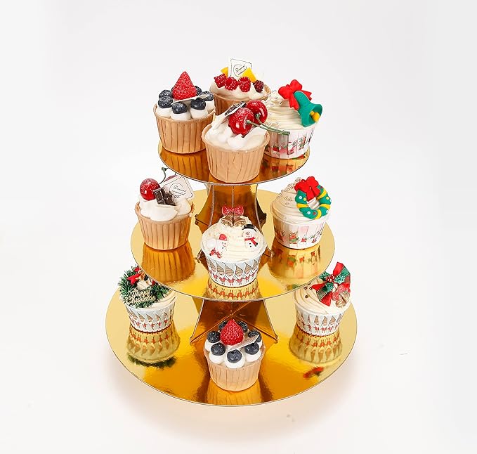 3-Tier Cupcake Stand, Gold Cardboard Cake Stand Holder, Tiered DIY Cupcake Stand Tower for Dessert Table Displays, Birthday Theme Party Favors Decoration, Floral Tea Party, 12" W x 12.8" H