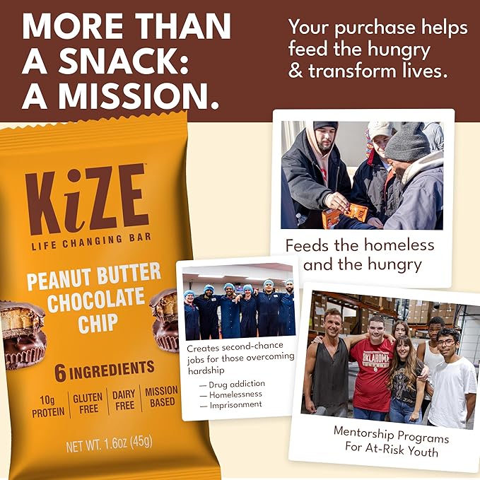KiZE Energy Bars - Peanut Butter Chocolate Chip - 30-Count - Gluten Free, Dairy Free, Non-GMO, and High Protein Meal Replacement Energy Bars, Clean and Simple Food Ingredients - 10g High Protein Snacks (30 Count)