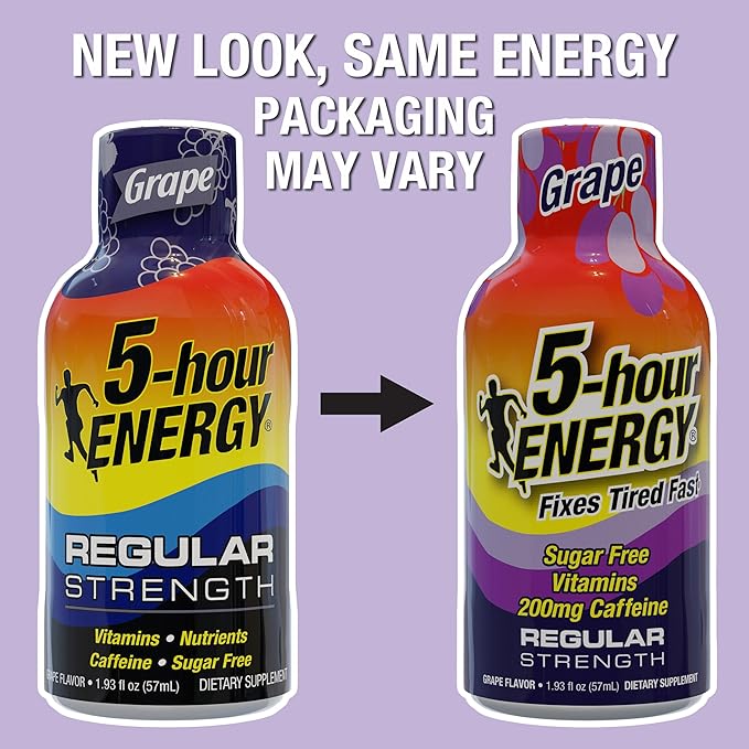 5-hour ENERGY Regular Strength Energy Shot, Grape Flavor (1.93 oz., 24 Count) Zero Calories & Sugar-Free 200 mg Caffeinated Energy Shot, Amino Acids & B Vitamins, Dietary Supplements