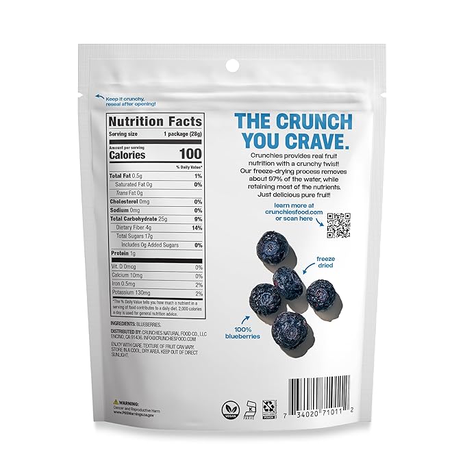 Crunchies Freeze-Dried Fruits, 100% All Natural Crispy Fruit, Non GMO and Kosher, Resealable Freeze Dried Fruit Snack Packs, Pack of 6 (Blueberries)