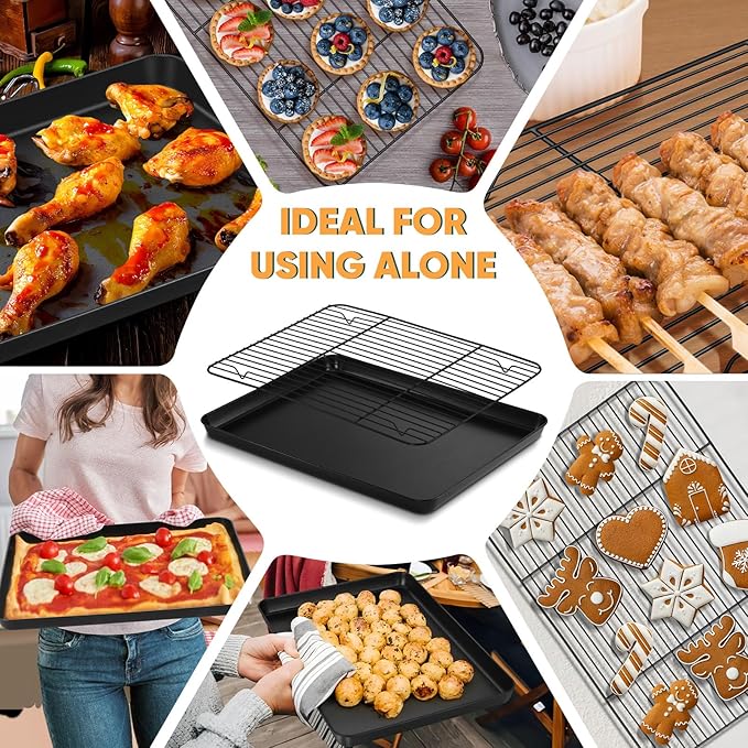 P&P CHEF Baking Oven Sheet Pan with Rack for Cookie, Nonstick Oven Tray and Cooling Rack for Baking & Roasting, Easy Clean, Black, 16 x 12 Inch