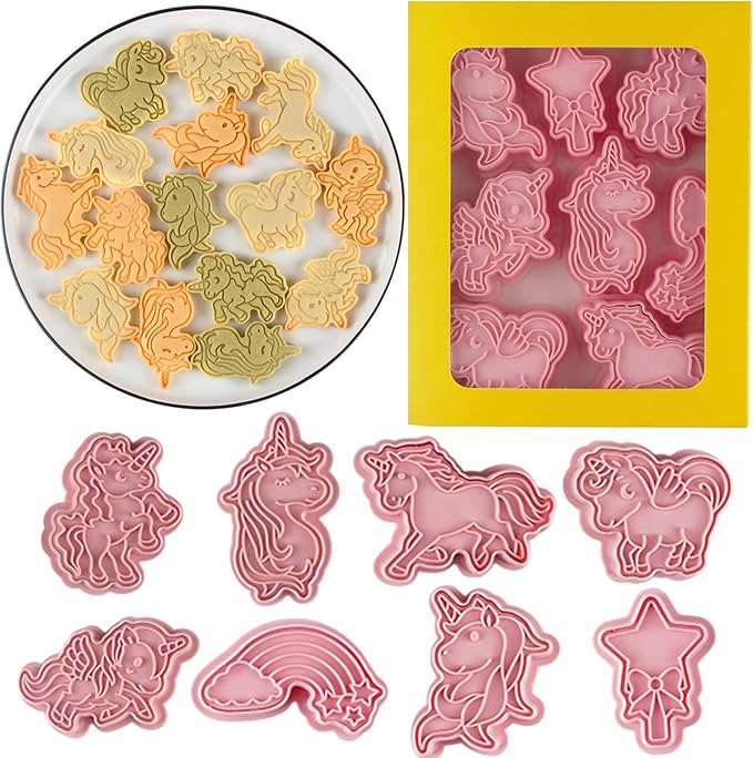 8 Pcs Unicorn Cookie Cutters Set Baking Molds 3D Unicorn Press type Cookie Cutter for Baking, Fondant, Cheese, and Pastries