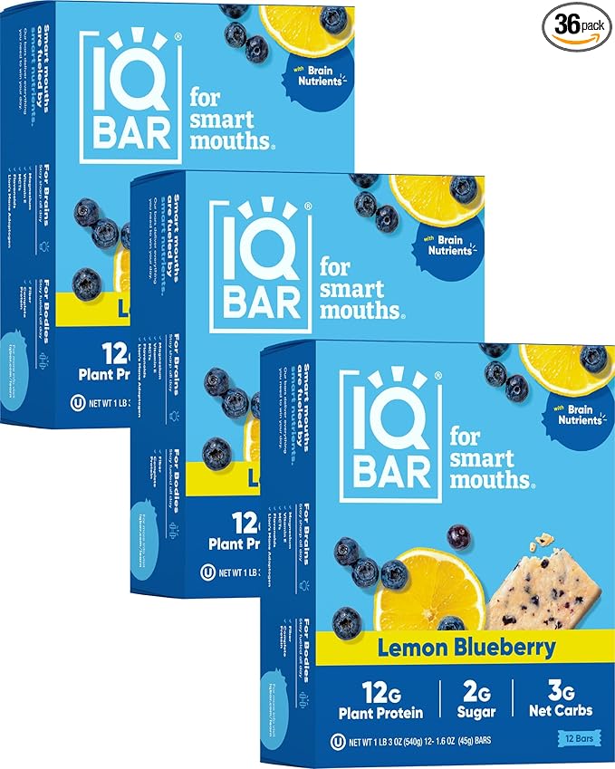 IQBAR Brain and Body Plant Protein Bars - Lemon Blueberry - 36-Count - Keto, Vegan, Low Carb, High Fiber, Gluten Free, Dairy Free, Low Sugar Snack with Nutrients for Focus, Energy, Meal Replacement