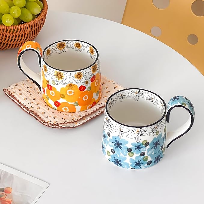 Ceramic Coffee Mug, 12oz Cute Floral Coffee Mugs with Large Handle, Blue Flower Design Stoneware Tea Cup for Office and Home