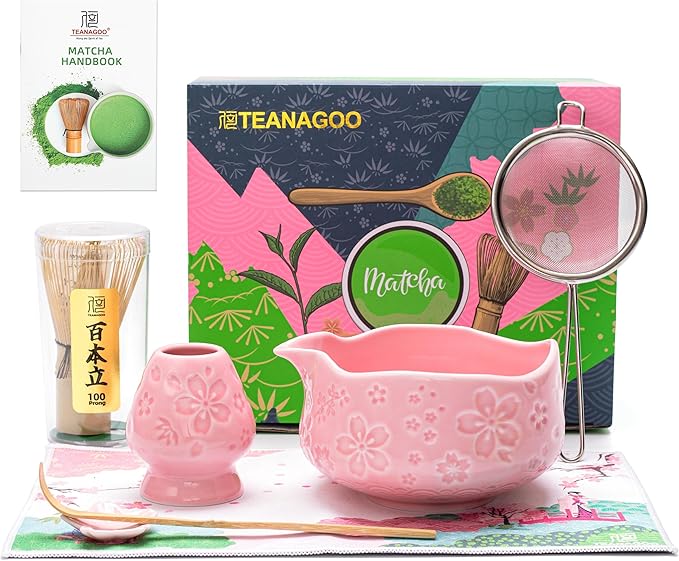 TEANAGOO 7-PCS Pink Matcha Whisk Set with Cherry Blossom Design, Complete Ceremony Kit, Ceramic Chawan Bowl with Spout, Whisk & Accessories, Traditional Matcha Tea Set for Lattes& Gift Giving