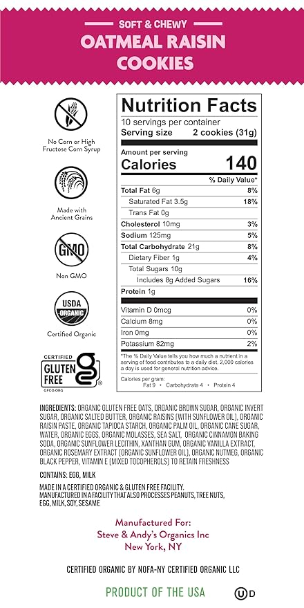 Steve & Andy’s Soft & Chewy, Delicious Oatmeal Raisin Cookies – Organic, Gluten Free, Non-Gmo, Nut Free, Wheat Free, Soy Free – 5.5 Oz, 1 Box (10 Cookies)