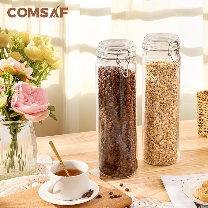 ComSaf 60oz Airtight Glass Jars Set of 3 with Lids Food Storage Jar Round - Tall Spaghetti Container with Clear Preserving Seal Wire Clip Fastening, Pasta jar for Kitchen Canning, Nut,Oat, Dry Goods